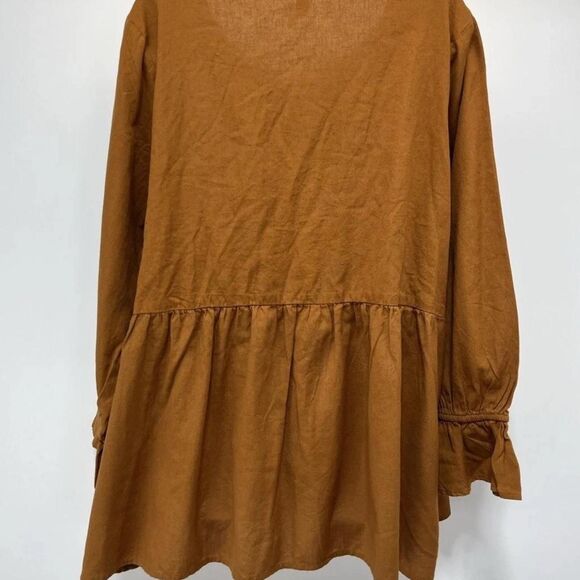 Burnt Orange Embroidered Linen-Blend,Babydoll, Boho Tunic/Peasant Blouse - Picture 6 of 8